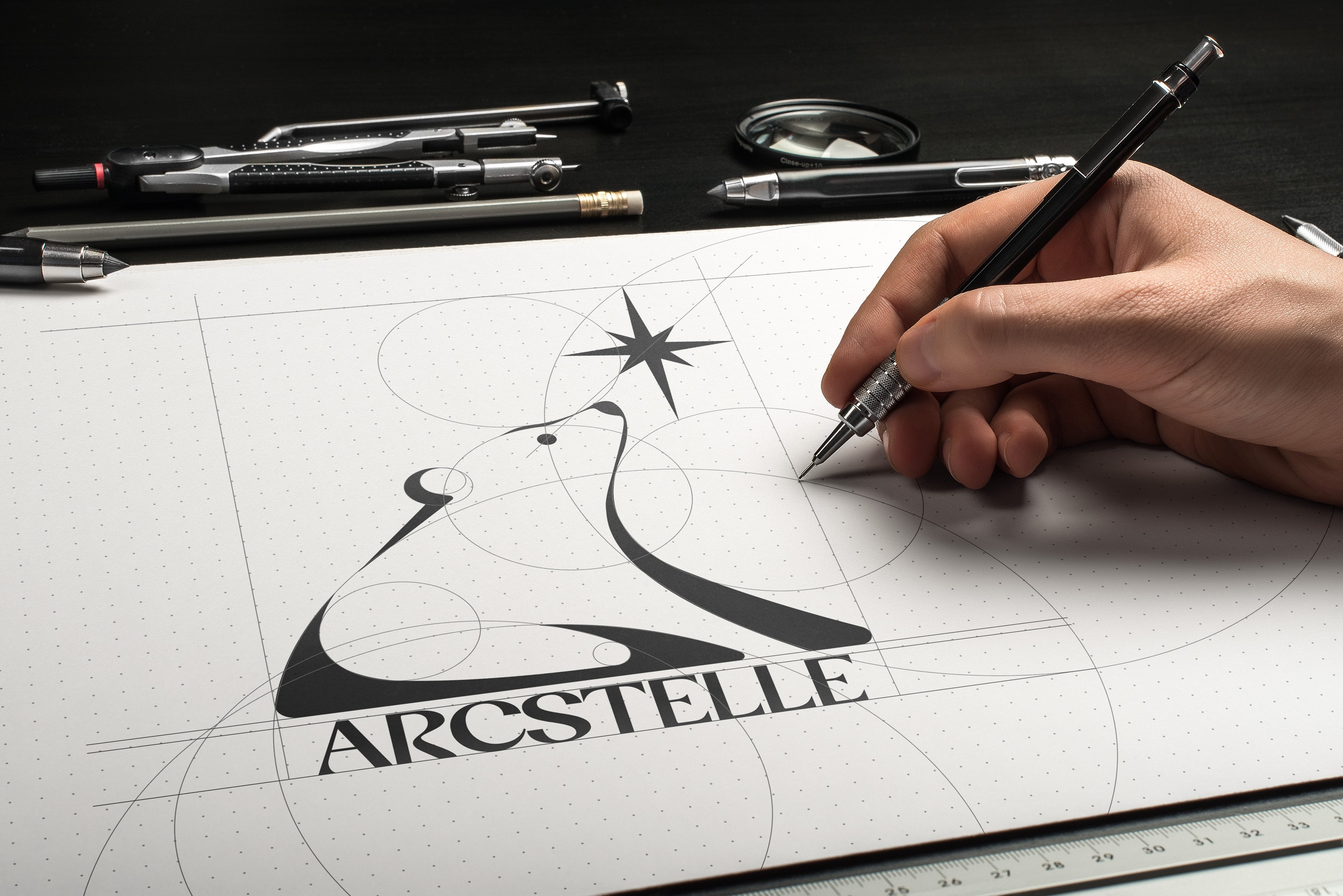 Hand drawing a logo on paper with 'Arcstelle' branding, surrounded by stationery items.
