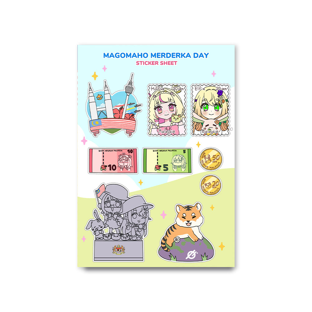 MagoMaho Merdeka A5 Sticker Sheet — Merdeka-themed VTuber character sticker sheet | Arcstelle